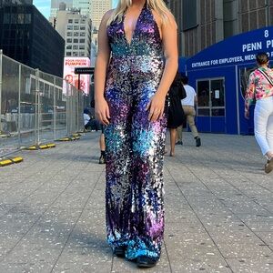Wide leg sequin halter open back jumpsuit